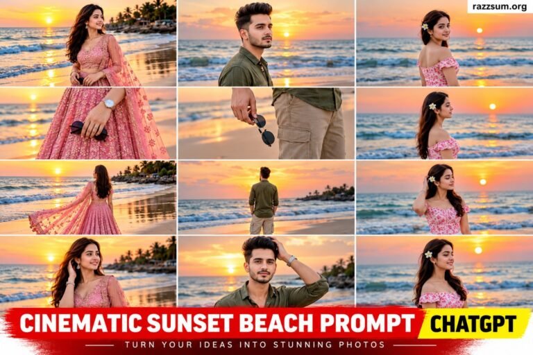 Cinematic Sunset Beach AI Photo Editing Prompts for ChatGPT Cinematic Sunset Beach AI Photo Editing Prompts